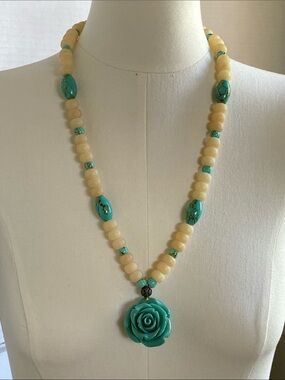 Vintage Tibetan Tribal Statement Necklace - Hand-Carved Yak Bone & 3D Resin Rose